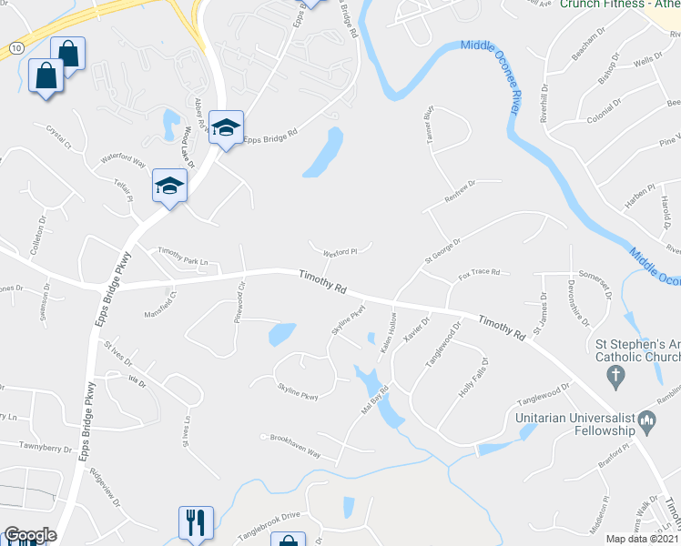 map of restaurants, bars, coffee shops, grocery stores, and more near 100 Wexford Place in Athens