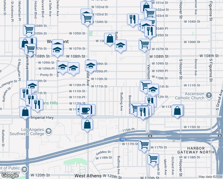 map of restaurants, bars, coffee shops, grocery stores, and more near 11113 Van Buren Avenue in Los Angeles