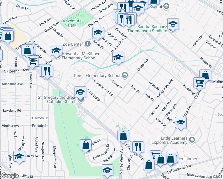 map of restaurants, bars, coffee shops, grocery stores, and more near 10602 Bramblebush Avenue in Whittier