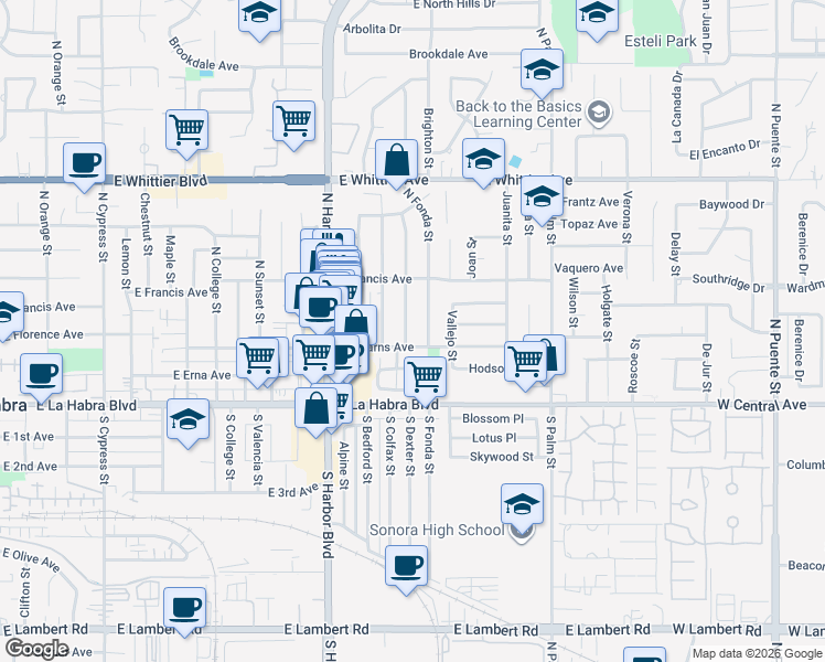map of restaurants, bars, coffee shops, grocery stores, and more near 340 North Dexter Street in La Habra