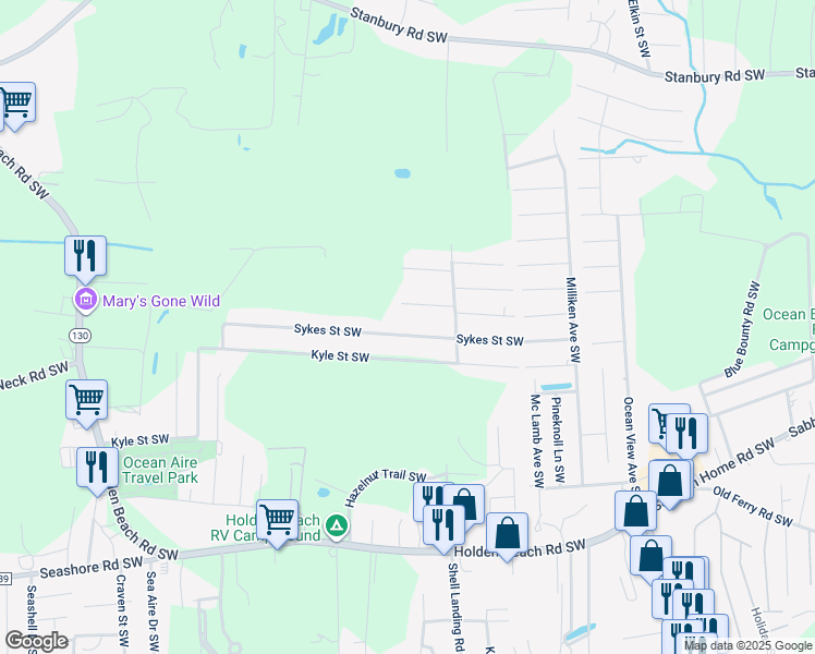 map of restaurants, bars, coffee shops, grocery stores, and more near 1398 Sykes Street Southwest in Brunswick County