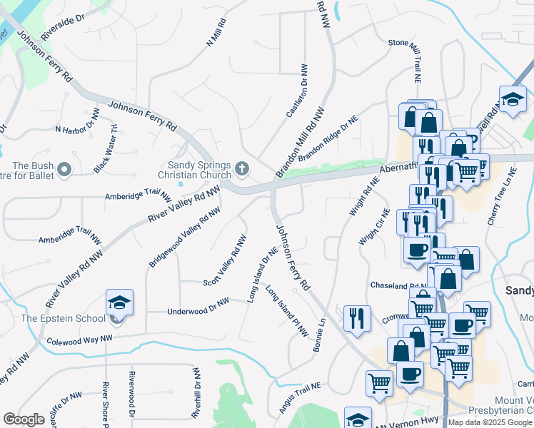 map of restaurants, bars, coffee shops, grocery stores, and more near 198 Johnson Ferry Road in Sandy Springs