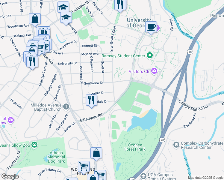 map of restaurants, bars, coffee shops, grocery stores, and more near 189 Hardin Drive in Athens
