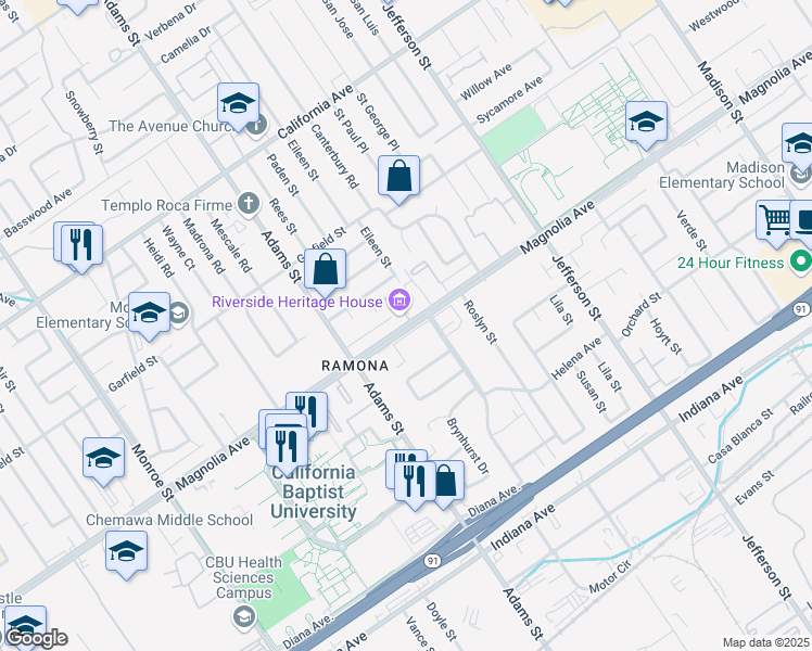 map of restaurants, bars, coffee shops, grocery stores, and more near 8193 Magnolia Avenue in Riverside