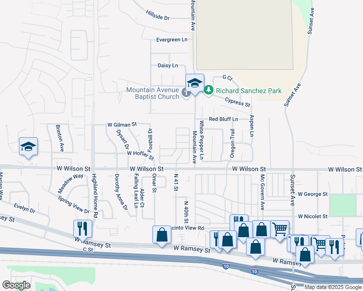 map of restaurants, bars, coffee shops, grocery stores, and more near 4133 West Wilson Street in Banning