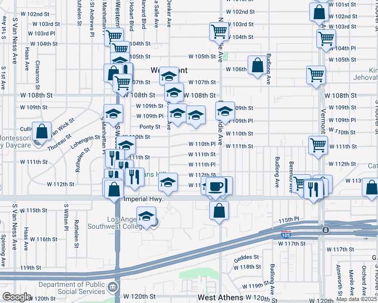 map of restaurants, bars, coffee shops, grocery stores, and more near 1532 West 110th Place in Los Angeles