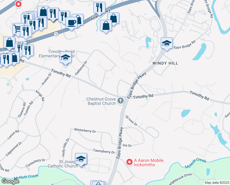 map of restaurants, bars, coffee shops, grocery stores, and more near 190 Kirkwood Drive in Athens