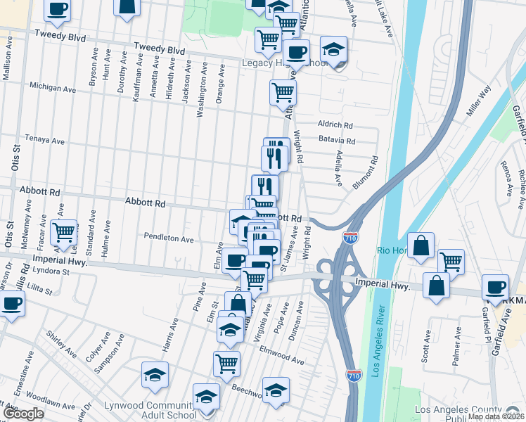 map of restaurants, bars, coffee shops, grocery stores, and more near 5003 Abbott Road in Lynwood