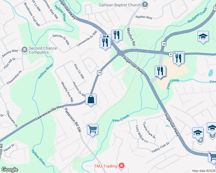 map of restaurants, bars, coffee shops, grocery stores, and more near 1671 Cannonball Court Northwest in Lawrenceville