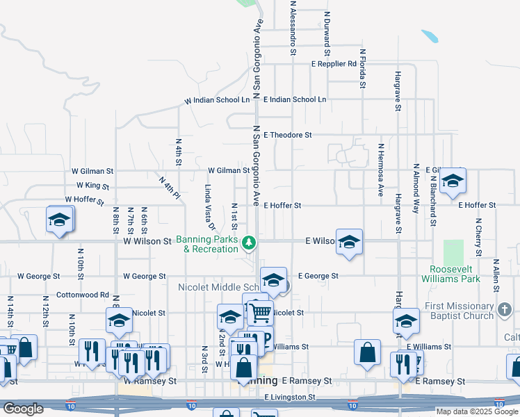 map of restaurants, bars, coffee shops, grocery stores, and more near 2 West Hoffer Street in Banning