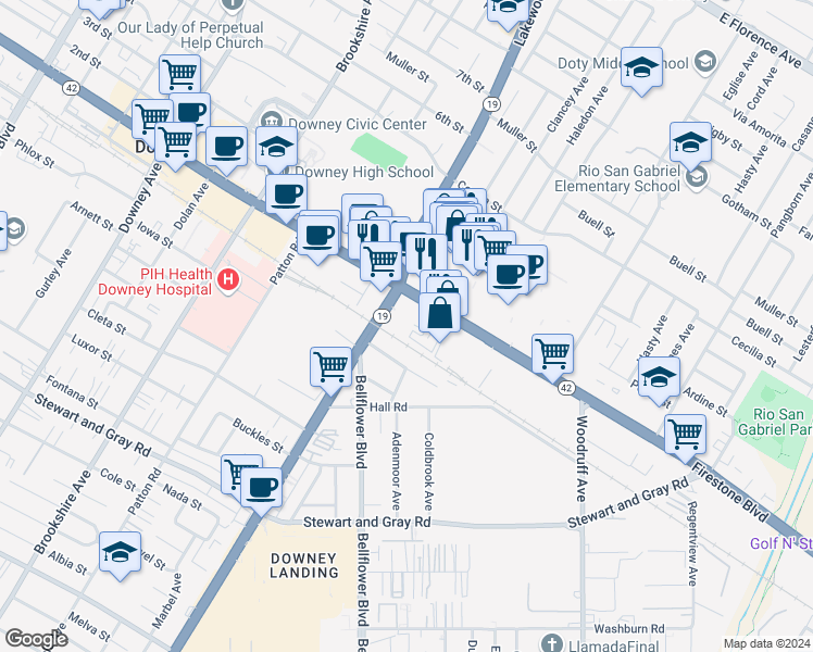 map of restaurants, bars, coffee shops, grocery stores, and more near 9060 Firestone Blvd in Downey