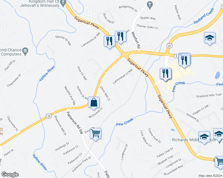 map of restaurants, bars, coffee shops, grocery stores, and more near 1687 Cannonball Court Northwest in Lawrenceville