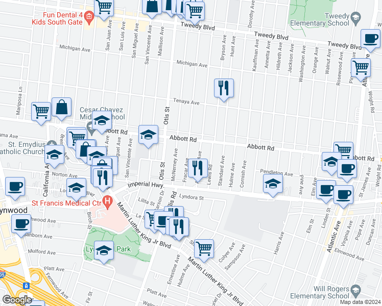 map of restaurants, bars, coffee shops, grocery stores, and more near 10800 Fracar Avenue in Lynwood