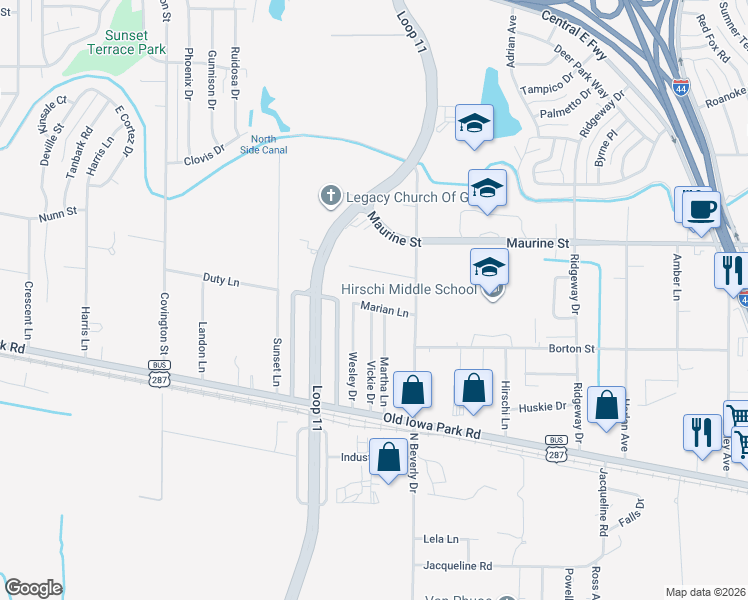 map of restaurants, bars, coffee shops, grocery stores, and more near 3210 Marian Lane in Wichita Falls