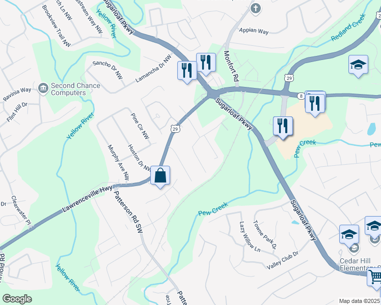 map of restaurants, bars, coffee shops, grocery stores, and more near 1683 Cannonball Court Northwest in Lawrenceville