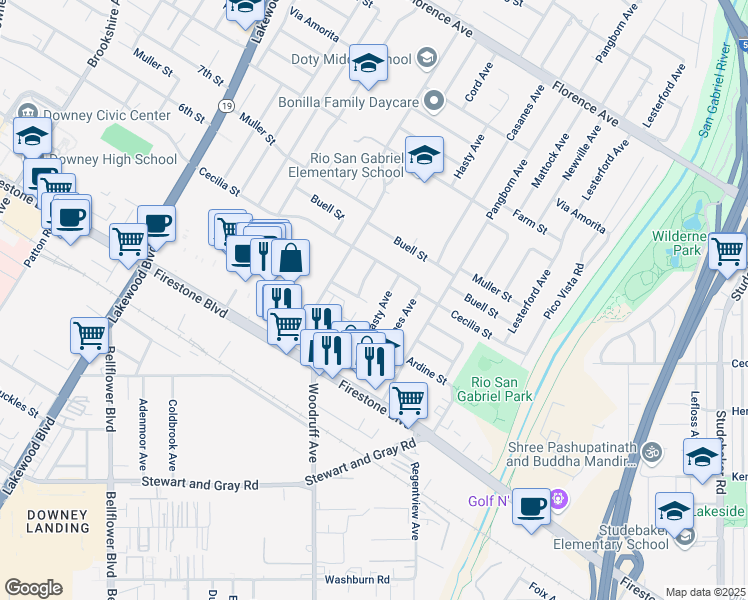map of restaurants, bars, coffee shops, grocery stores, and more near 9343 Fostoria Street in Downey