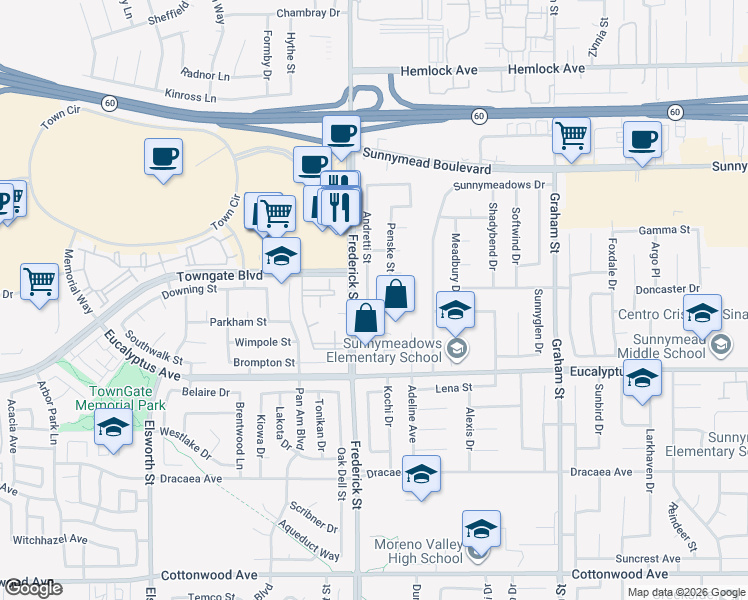 map of restaurants, bars, coffee shops, grocery stores, and more near 12802 Andretti Street in Moreno Valley