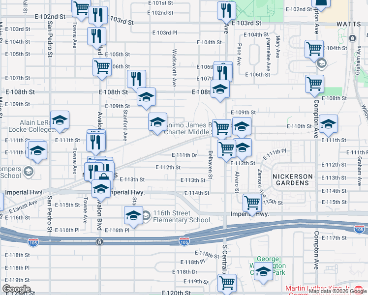 map of restaurants, bars, coffee shops, grocery stores, and more near 922 East Lanzit Avenue in Los Angeles
