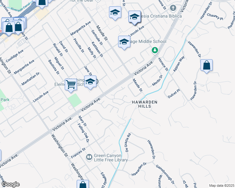 map of restaurants, bars, coffee shops, grocery stores, and more near 6642 Wintertree Drive in Riverside