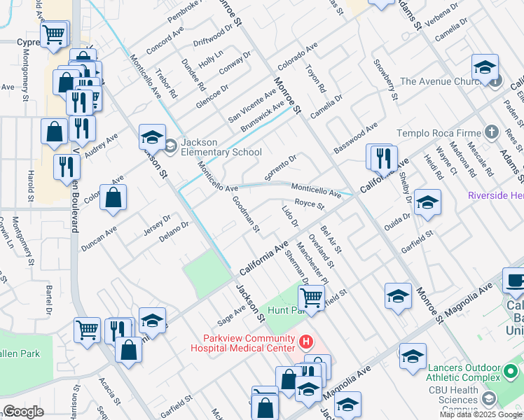 map of restaurants, bars, coffee shops, grocery stores, and more near 4344 Royce Street in Riverside