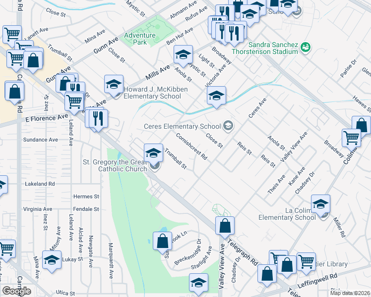 map of restaurants, bars, coffee shops, grocery stores, and more near 14118 Cornishcrest Road in Whittier