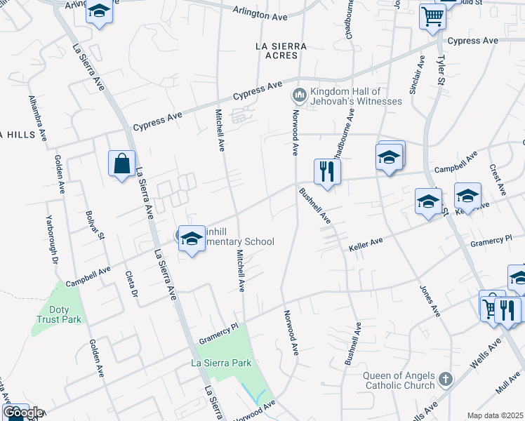 map of restaurants, bars, coffee shops, grocery stores, and more near 10730 Campbell Avenue in Riverside