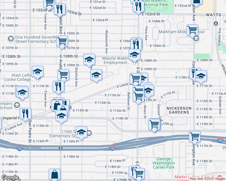 map of restaurants, bars, coffee shops, grocery stores, and more near 924 East Lanzit Avenue in Los Angeles
