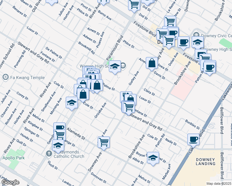 map of restaurants, bars, coffee shops, grocery stores, and more near 8212 De Palma Street in Downey