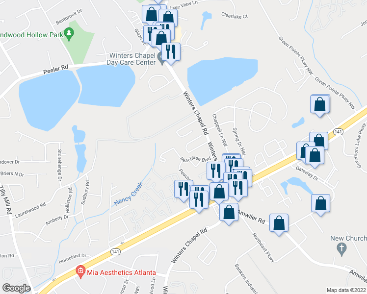 map of restaurants, bars, coffee shops, grocery stores, and more near 2865 Winter Rose Court in Atlanta