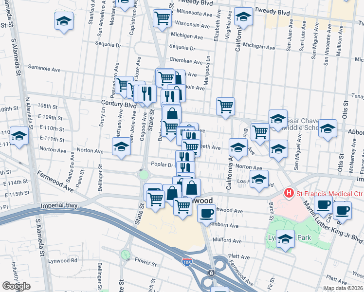 map of restaurants, bars, coffee shops, grocery stores, and more near 10824 Long Beach Boulevard in Lynwood