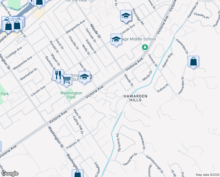 map of restaurants, bars, coffee shops, grocery stores, and more near 6642 Wintertree Drive in Riverside
