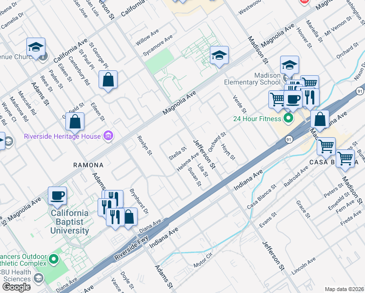 map of restaurants, bars, coffee shops, grocery stores, and more near 7939 Stella Street in Riverside