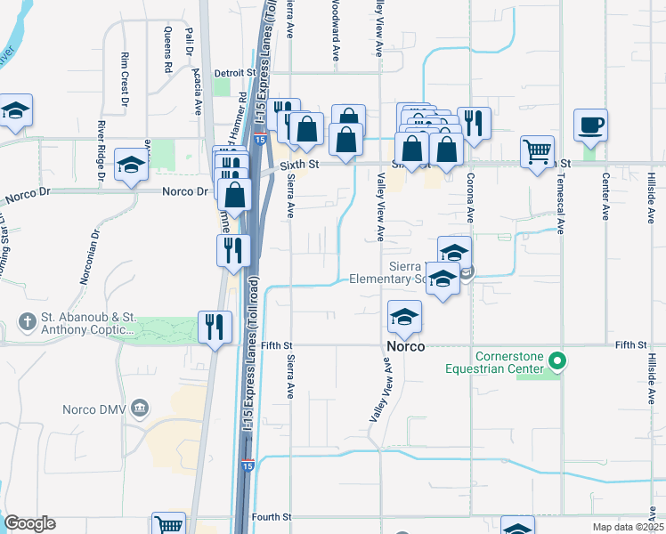 map of restaurants, bars, coffee shops, grocery stores, and more near 1404 Barnhart Lane in Norco