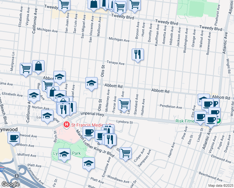 map of restaurants, bars, coffee shops, grocery stores, and more near 10800 Fracar Avenue in Lynwood