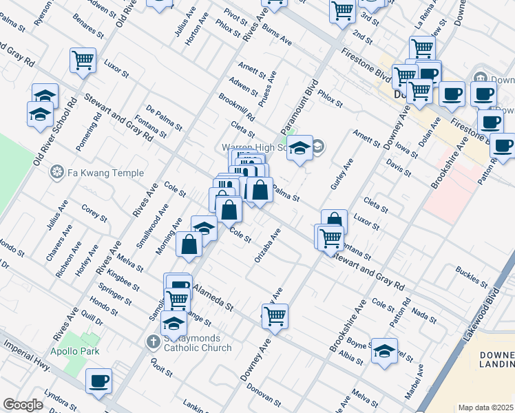 map of restaurants, bars, coffee shops, grocery stores, and more near 8019 Stewart and Gray Road in Downey