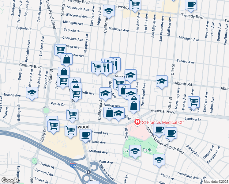 map of restaurants, bars, coffee shops, grocery stores, and more near 3562 Martin Luther King Junior Boulevard in Lynwood