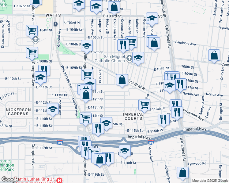 map of restaurants, bars, coffee shops, grocery stores, and more near 2111 East 111th Street in Los Angeles