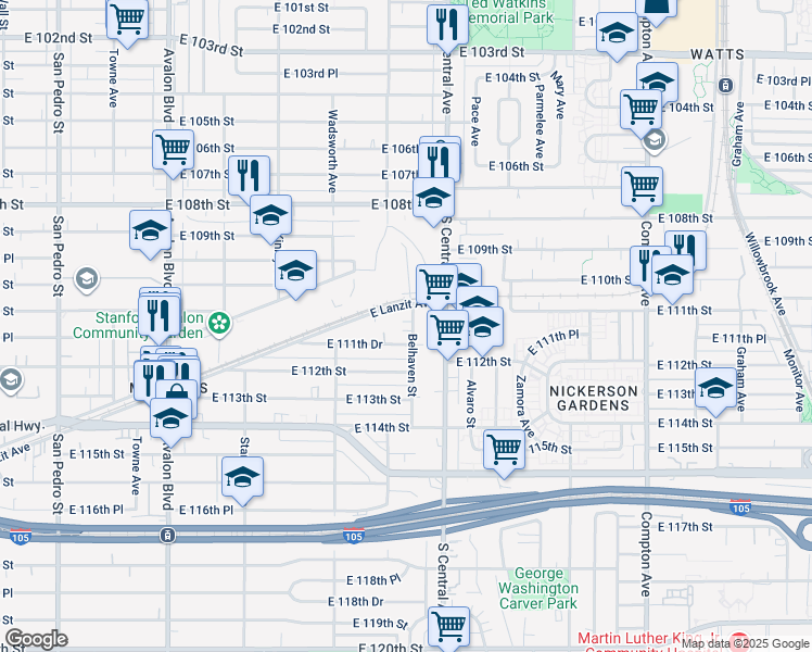map of restaurants, bars, coffee shops, grocery stores, and more near 11122 Belhaven Street in Los Angeles
