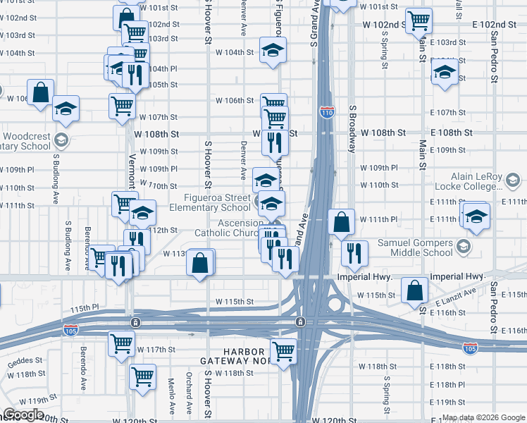 map of restaurants, bars, coffee shops, grocery stores, and more near 510 West 111th Street in Los Angeles