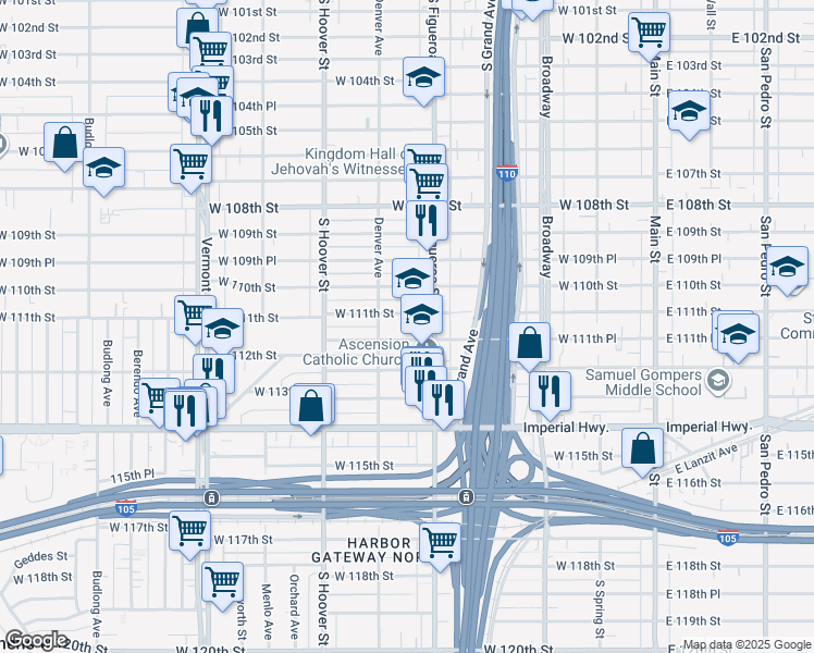 map of restaurants, bars, coffee shops, grocery stores, and more near 510 West 111th Street in Los Angeles