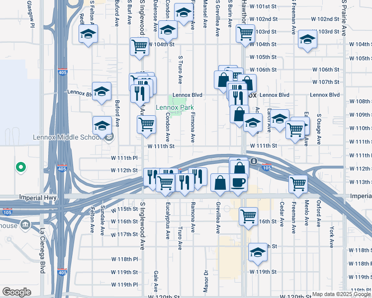 map of restaurants, bars, coffee shops, grocery stores, and more near 4618 West 111th Street in Lennox
