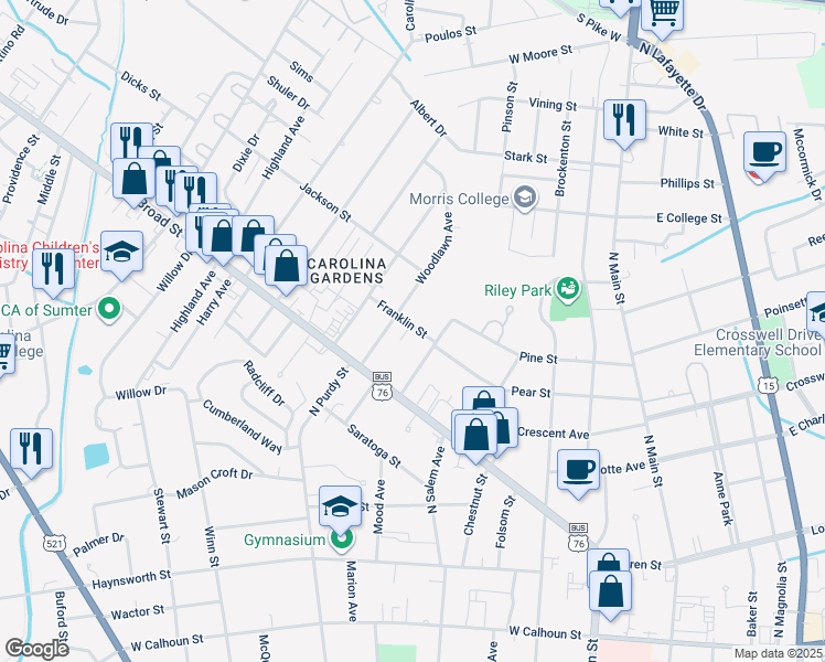 map of restaurants, bars, coffee shops, grocery stores, and more near 20 Franklin Street in Sumter