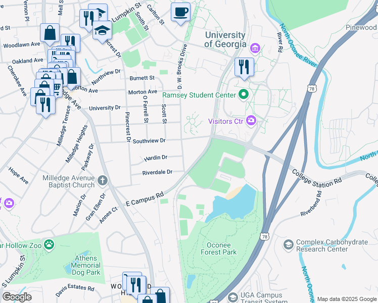 map of restaurants, bars, coffee shops, grocery stores, and more near 189 Hardin Drive in Athens