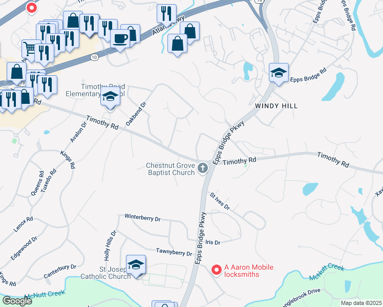 map of restaurants, bars, coffee shops, grocery stores, and more near 190 Kirkwood Drive in Athens