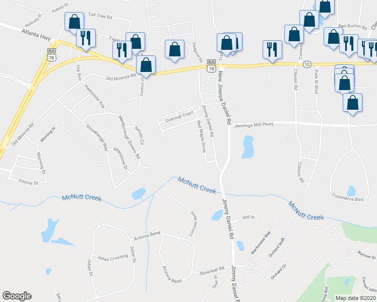 map of restaurants, bars, coffee shops, grocery stores, and more near 151 Red Maple Drive in Bogart