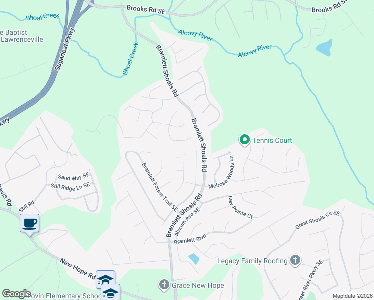 map of restaurants, bars, coffee shops, grocery stores, and more near 1205 Bramlett Creek Place Southeast in Lawrenceville