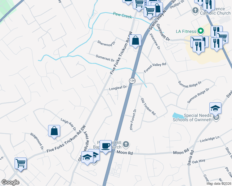 map of restaurants, bars, coffee shops, grocery stores, and more near 730 Longleaf Drive in Lawrenceville