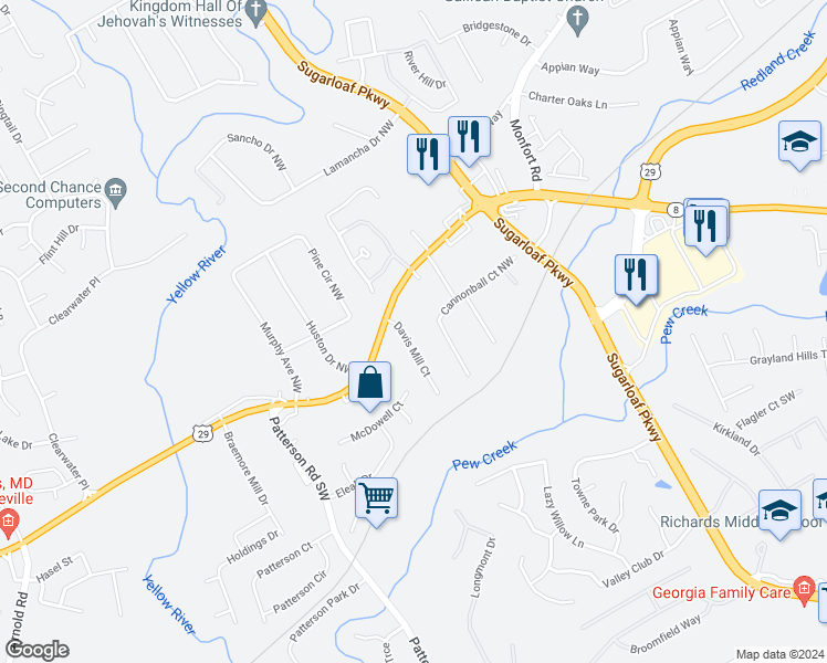 map of restaurants, bars, coffee shops, grocery stores, and more near 1671 Cannonball Court Northwest in Lawrenceville