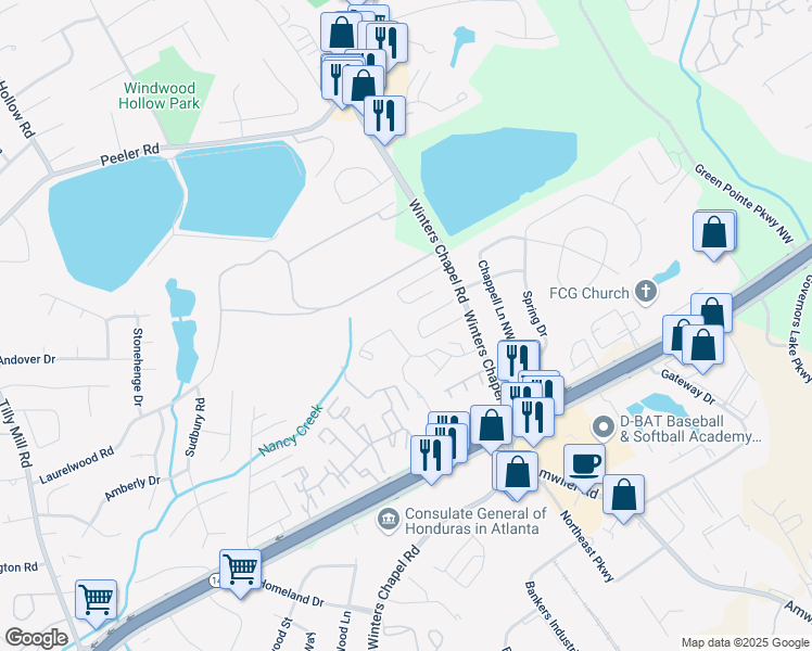 map of restaurants, bars, coffee shops, grocery stores, and more near 2865 Winter Rose Court in Atlanta