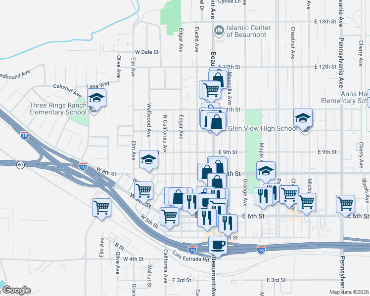 map of restaurants, bars, coffee shops, grocery stores, and more near 916 Edgar Avenue in Beaumont